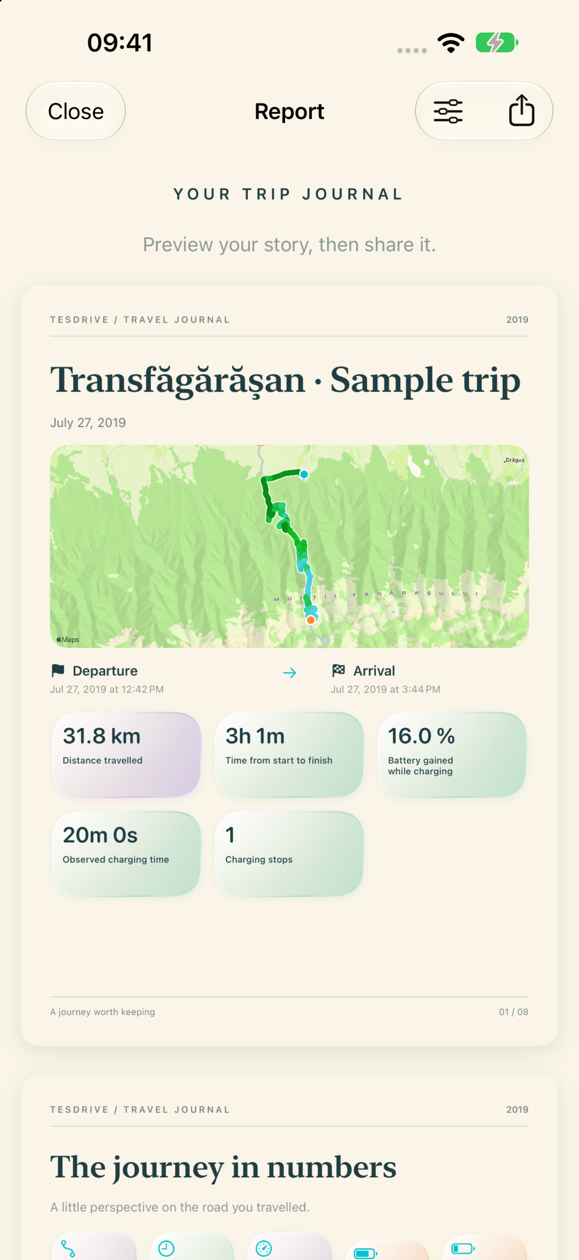 TesDrive travel journal preview for a sample Transfagarasan trip